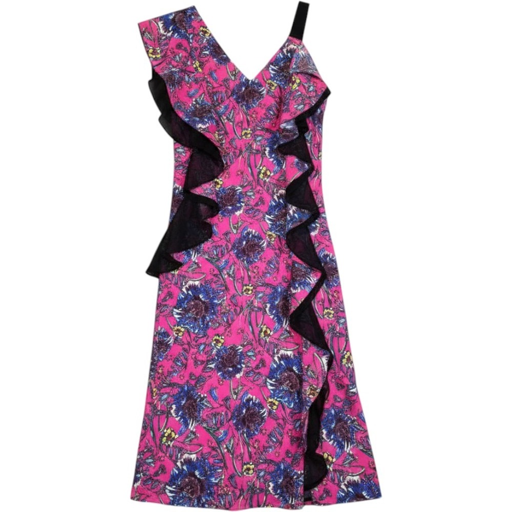 Prabal Gurung Floral Midi Dress 4 Pink Ruffle Asymmetrical Garden Party Romantic